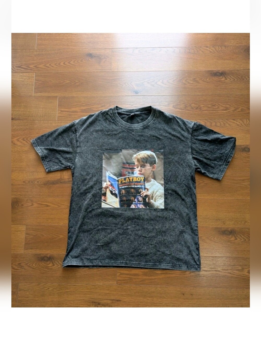 Home Alone Screen Print TShirt Heathered Grey Kevin Playboy Unisex Large